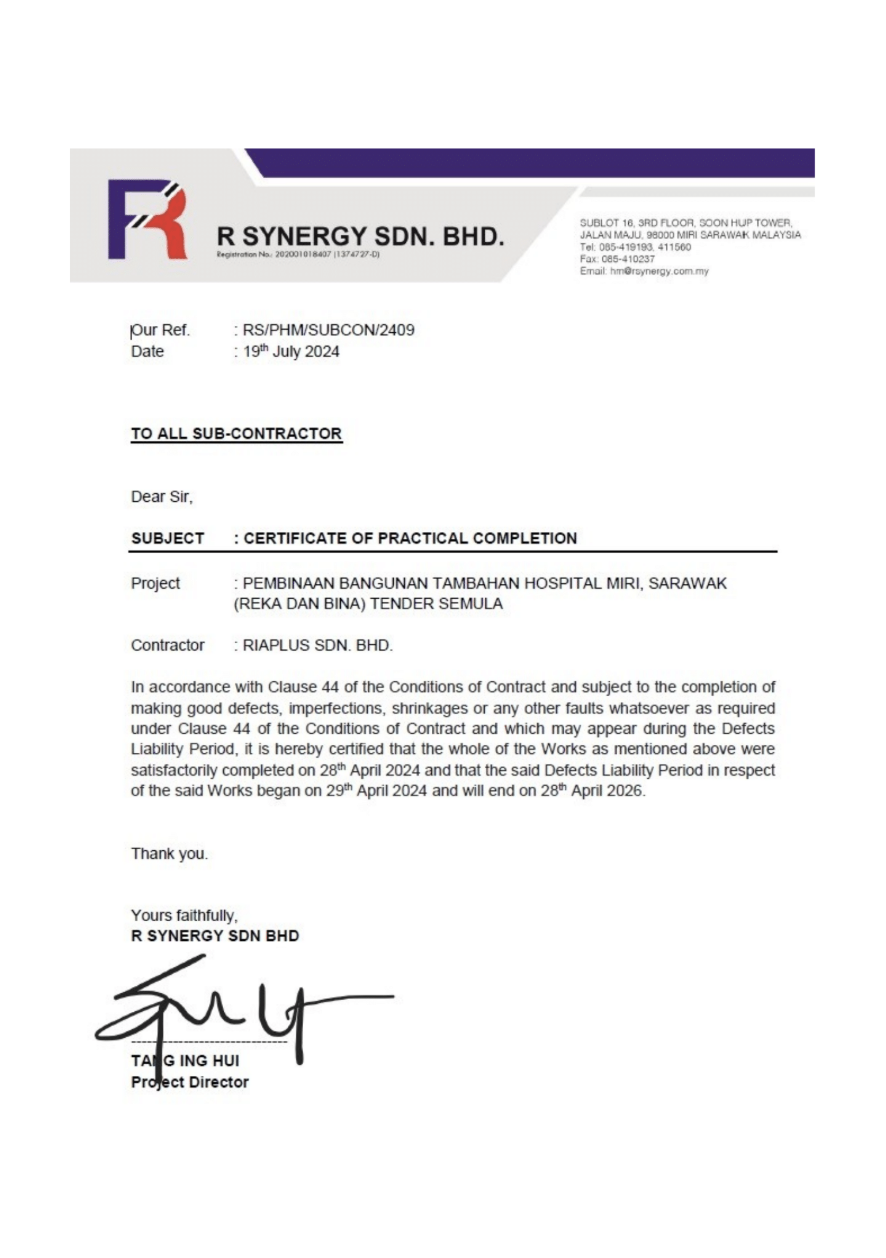 Hospital Miri Certificate