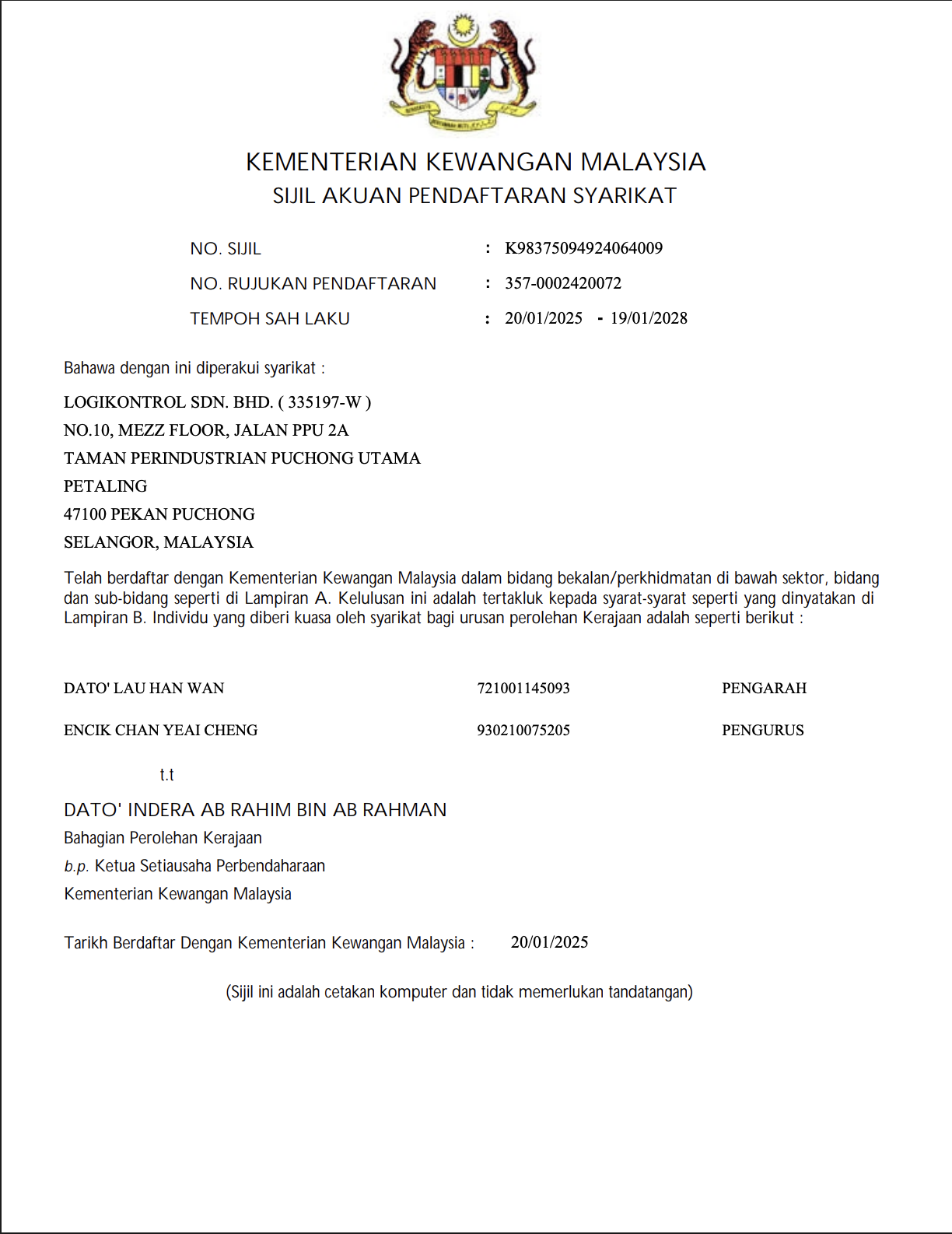 Logikontrol perakuan pendaftaran (registration certificate)