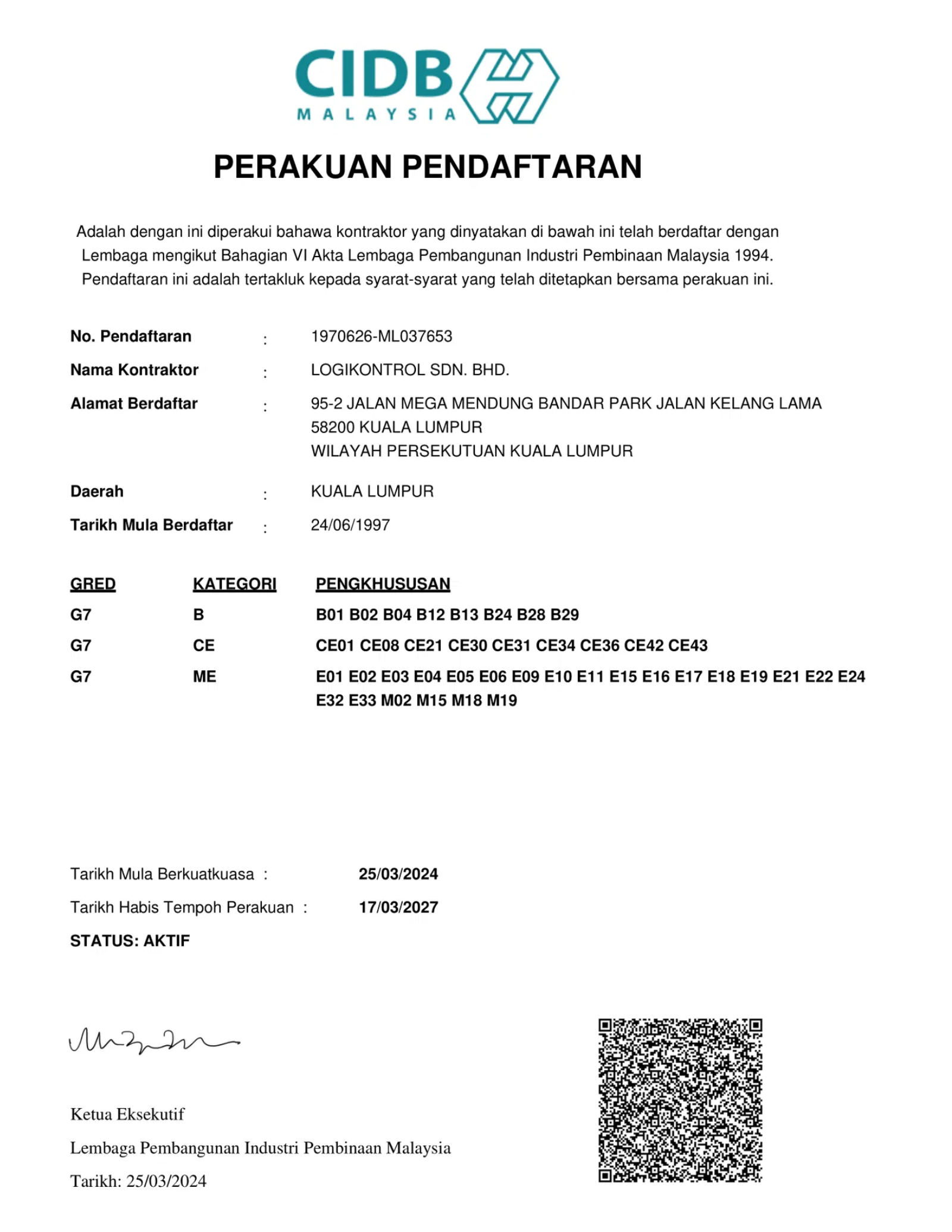 Logikontrol CIDB & PKK registration certificate
