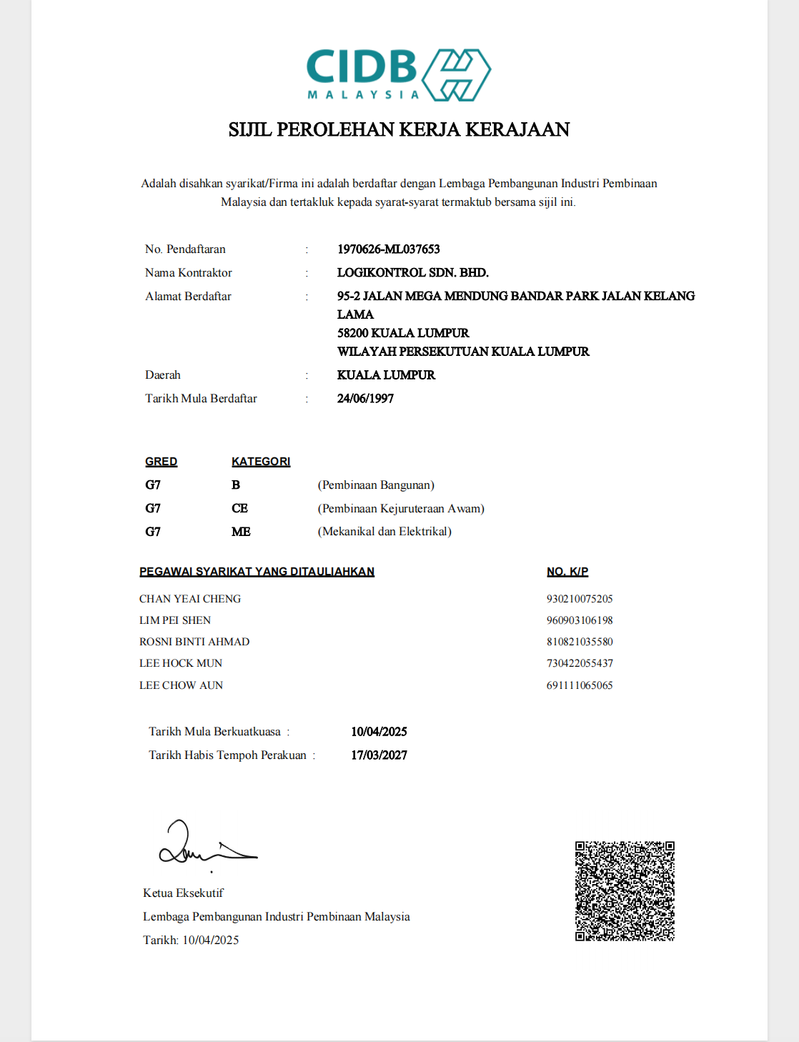 Logikontrol CIDB contractor registration certificate